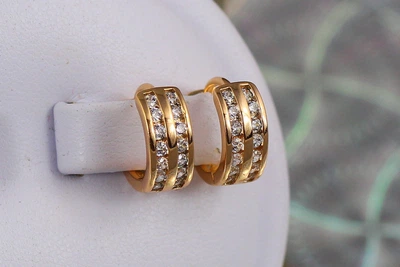 Сережки кільця Хuping Jewelry дві смуги ззаду візерунок 1.2 см золотисті