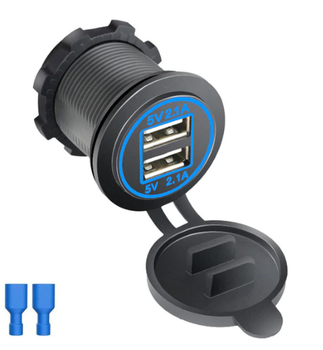 Автомобильная зарядка врезная, Гнездо прикур. врезное 2 USB, 2,1А, с индикатором с крышкой 12/24В синий