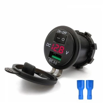 Автомобільна зарядка врізна, Гніздо-прикур. врізне 1 USB,12/24 червоная, кнопка ON-OF вольтметр