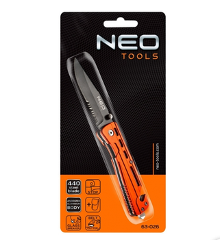 Универсальный складной нож с фиксатором и чехлом Neo Tools 63-026 110г Оранжевый
