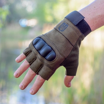 Тактичні рукавички короткопалі (відкриті, без пальців) з гербом хакі М