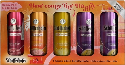 Подарунковий набір суміші пива із соком Schofferhofer Hefeweizen Bier Mix (Grapefruit - 1 шт, Juicy Pineapple - 1 шт, Wild Cherry - 1 шт, Passion Fruit - 2 шт) світле нефільтроване 2.5% 0.33 л x 5 шт (4053400001654)
