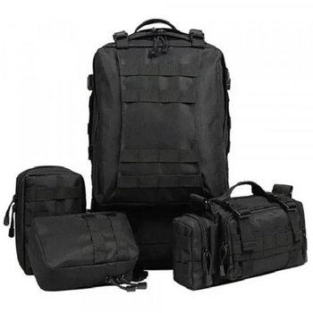 Рюкзак тактичний чоловічий з 3 підсумками Tactical Backpack B08 Чорний на 55 л військовий туристичний для полювання та риболовлі з кріпленням MOLLE