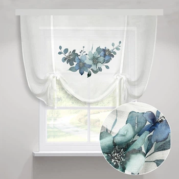 Занавеска римка из льна для кухни Adagio Windows Decor Синие цветы, тюль с рисунком в цветы 135х120 см