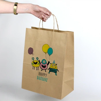 Пакет подарочный еko-kraft 220*120*290 мм - 5 шт/уп детский Крафт пакет с ручками для гостинцев на День рождения Пакет с веселым рисунком и надписью "Happy Birthday"