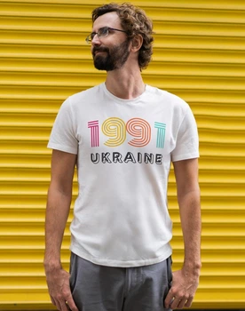 Футболка чоловіча трикотажна базова однотонна з патріотичним текстовим принтом UKRAINE 1991 4XL біла