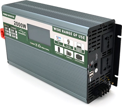 Інвертор напруги Demuda DMDPSW-2000W, 12V/220V, 2000W з правильною синусоїдою, 2 універсальні розетки, 2 USB, Rj 45, клемні дроти, Q6 (YT29157)