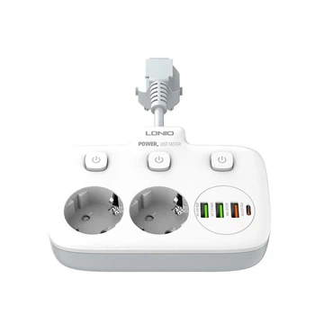 Настенный сетевой фильтр (удлинитель) LDNIO SE2435, 2 розетки US/EU/UK, 2хUSB+1xUSB QC3.0+TypeC PD20W