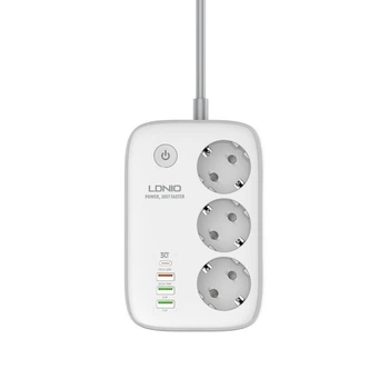 Сетевой фильтр (удлинитель) LDNIO SEW3452, 3 розетки EU, 2 USB+1 USB QC+TypeC PD с дистанционным управлением
