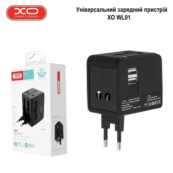 Сетевой переходник с двумя USB портами XO WL01 UK/EU/US универсальное зарядное устройство Черный
