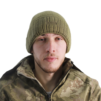 Вязанная тактическая шапка для военных и ВСУ непродуваемая анатомическая теплая шапка с отворотом универсальный Хаки