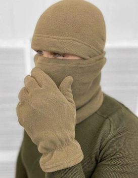 Тактический флисовый комплект из шапки баффа и перчаток для армии ЗСУ универсальный размер бежевого цвета