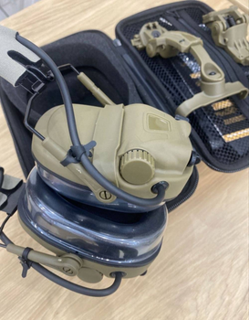 Активные защитные наушники шумоподавляющие Wosport HD-17 гарнитура с функцией Bluetooth с динамиками и микрофоном складные оливковые в чехле (Kali)