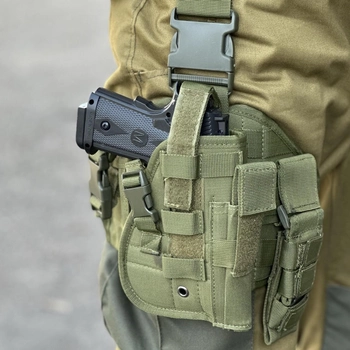 Тактическая набедренная кобура Tactic универсальная кобура на пояс с карманом под магазин цвет Олива (holster-1019-olive)