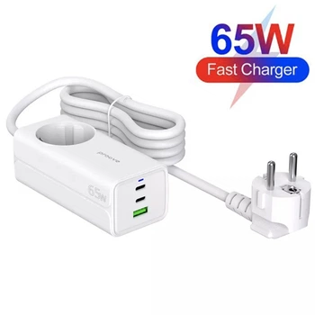 Сетевое зарядное устройство Proove PD-02 GaN |2Type-C/USB, 65W/16A, PD/QC4.0+| с розеткой и кабелем 1.5м. White