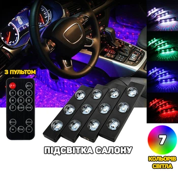 Світлодіодне підсвічування салону авто RGB 7 кольорів A-Plus, що самоклеїться від USB з пультом.