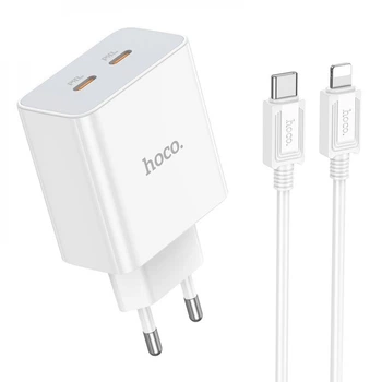 Сетевое зарядное устройство Hoco C108A + кабель Type-C на Lightning (2Type-C, PD35W/QC, 3A, с быстрой зарядкой) - Белый