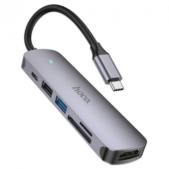 USB Хаб Hoco HB28 Type-C multi-function converter(HDMI+USB3.0+USB2.0+SD+TF+PD) Серый