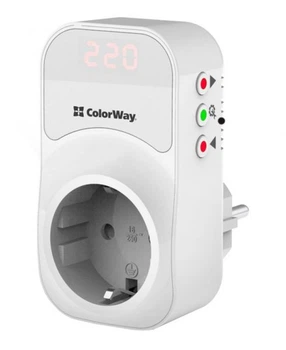 Реле напряжения ColorWay ds1, White, 1 розетка (220 в / 50 Гц), до 16 a / 3520 Вт, диапазон от 150-210 в до 230-280 в, цифровой led дисплей (cw-vr16-01d)