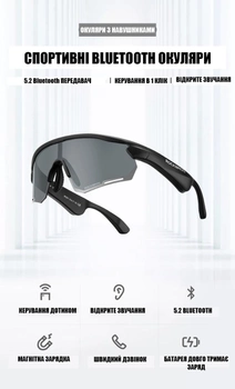 Спортивные очки RockBros-SP251B с динамиками,блютуз 5.2 с поляризацией черные с черной линзой