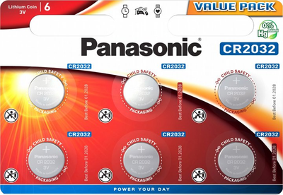 Батарейка "таблетка" CR-2032 PANASONIC литиевая, 3V, 6 шт