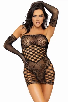 Ажурна сукня та рукавички Leg Avenue 2 PC Tube dress and gloves One Size Чорний