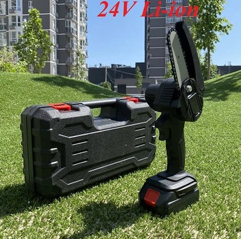 Міні пила Акумуляторна ланцюгова 4 дюйми з акум., 24V Li-ion для обрізки дерев та розпилу дров у Пластиковому чемодані Чорна