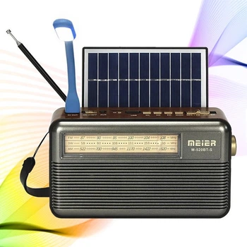 Портативный FM радиоприемник МЕІЕR МD 52О BT ФМ радио проигрыватель с флешкой USB на аккумуляторе с солнечной батареей с фонариком с повербанком с Bluetooth Блютуз, Серый