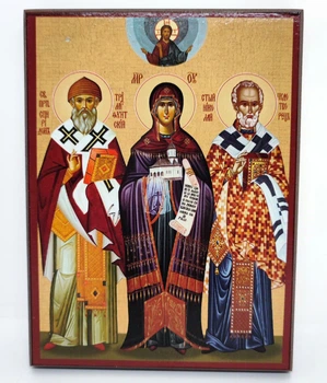 Икона Святой Николай, Божья Матерь и Спиридон 16×12 см