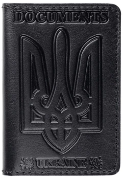 Кожаная обложка на id паспорт, для документов (права, техпаспорт) Герб, Тризуб, черный Villini 019