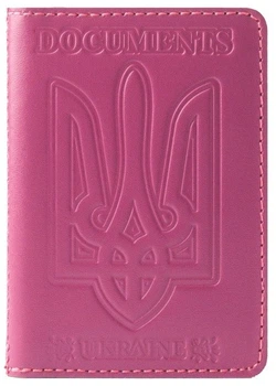Кожаная обложка на id паспорт, для документов (права, техпаспорт) Герб, Тризуб, розовый Villini 019