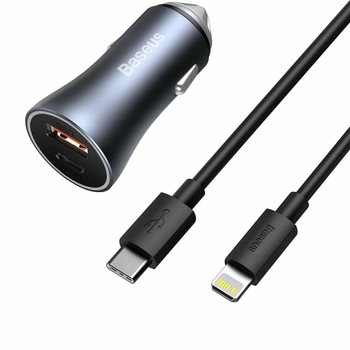 Автомобильное зарядное устройство 2USB (1хType-C) + шнур для Iphone (lightning) со швикдой зарядкой 40W Dark Grey, Baseus (TZCCJD-B0G)