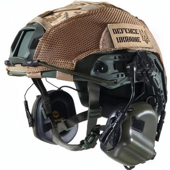 Каска шлем тактический + Активные Навушники EARMOR M32H Кавер Пиксель "FAST NIJ IIIA" Кевларовый баллистический Хаки
