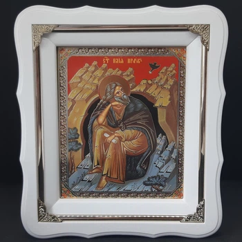 Икона Пророка Ильи в белом фигурном киоте с декоративными уголками, размер киота 24*21см