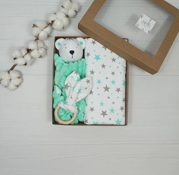 Набор для малыша: пеленка, комфортер, грызкнок a.l.babybox Звездные Салатовый-