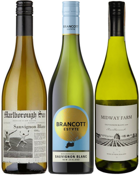 Набір вин Sauvignon Blanc з Нової Зеландії: Marlborough Sun + Brancott Estate Marlborough + Midway Farm білі сухі по 0.75 л 12.5%