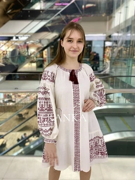 Вишита сукня коротка у стилі бохо на лляній тканині "Макош бордо" Айворі молочна 11443-42 (S)