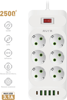 Сетевой фильтр-удлинитель Aura Energy 6+4 USB-A + 2 USB-C (PD) 2 м White (AUEMFP64PD2MW)