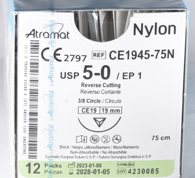 Хірургічні нитки Нейлон Atramat USP 5-0 довжиною 75см зі зворотньо-ріжучою голкою 19мм, кут голки 3/8