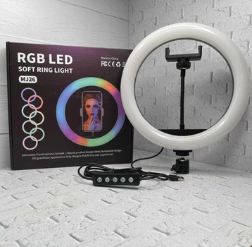 Кільцева світлодіодна лампа RGB LED RING MJ26 26 см із тримачем телефону для блогерів