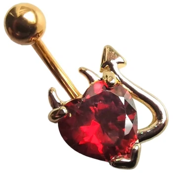 Серьга для пирсинга пупка Shine из медицинской стали Чертик с красным камнем, под золото