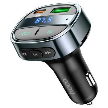 FM модулятор с быстрой зарядкой Hoco car BT FM transmitter (2USB/Type-C, PD/QC, 30W/3A). Black