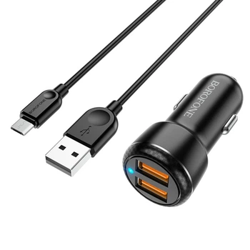 Автомобильное зарядное устройство с быстрой зарядкой для телефона 2 USB + кабель Micro Black, Borofone (6974443382846)