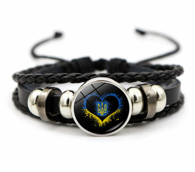 Патріотичний плетений браслет з національною символікою - Тризуб в жовто-блакитному сердечку на шнурівці