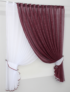 Кухонні шторки VR-Textil № 101к з підв'язками білий з бордовий 310х170 см (52-0078)