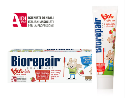 Детская зубная паста Biorepair Kids 0-6 "Веселый мышонок"|вкус Клубника|50 мл (Без Фтора)| 0-6 лет