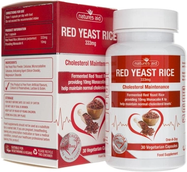 Suplement diety Natures Aid Czerwony ryż 333 mg 30 kapsułek cholesterol (5023652361034)