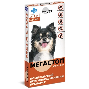 Капли на холке для собак ProVET «Мега Стоп» до 4 кг, 4 пипетки (от внешних и внутренних паразитов)