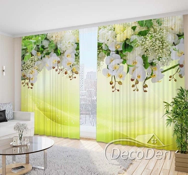 Фото Штори в зал PHOTODECOR "Ламбрекени з орхідей на жовто-салатовому фоні"
