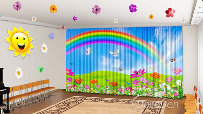 Весняні Фото Штори в дитячий сад PHOTODECOR "Квіти з веселкою, голубами та метеликами"